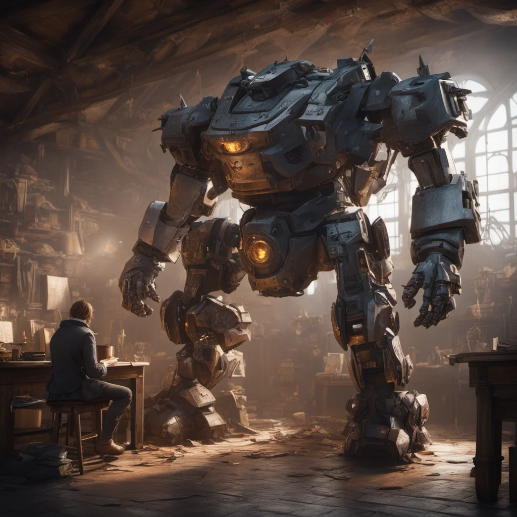 large battle Mecha in writing poetry with Shakespeare in a medieval atelier cinematic lighting matte painting highly detailed cgsociety hyperrealistic no 