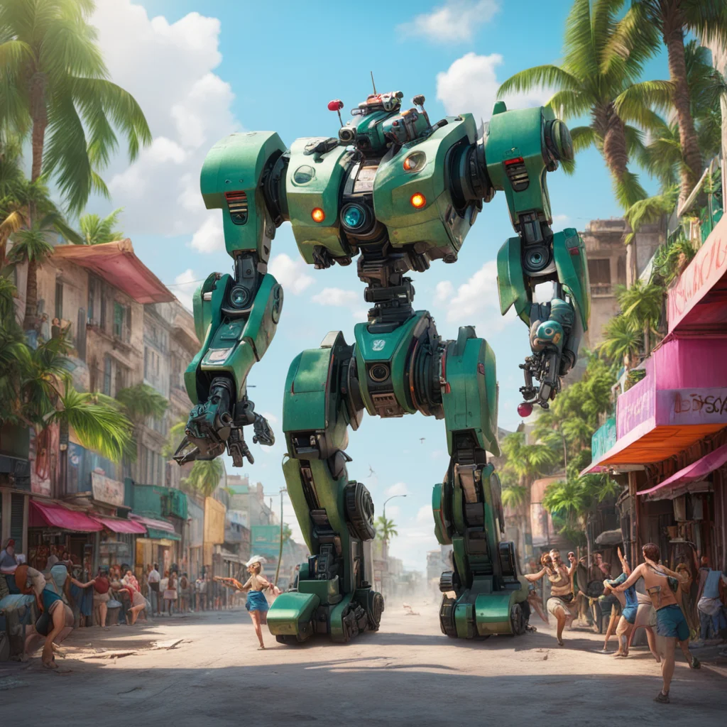 large battle Mecha juggling in Cuba busy street with tourists tropical plants sunny day cinematic lighting matte paintin