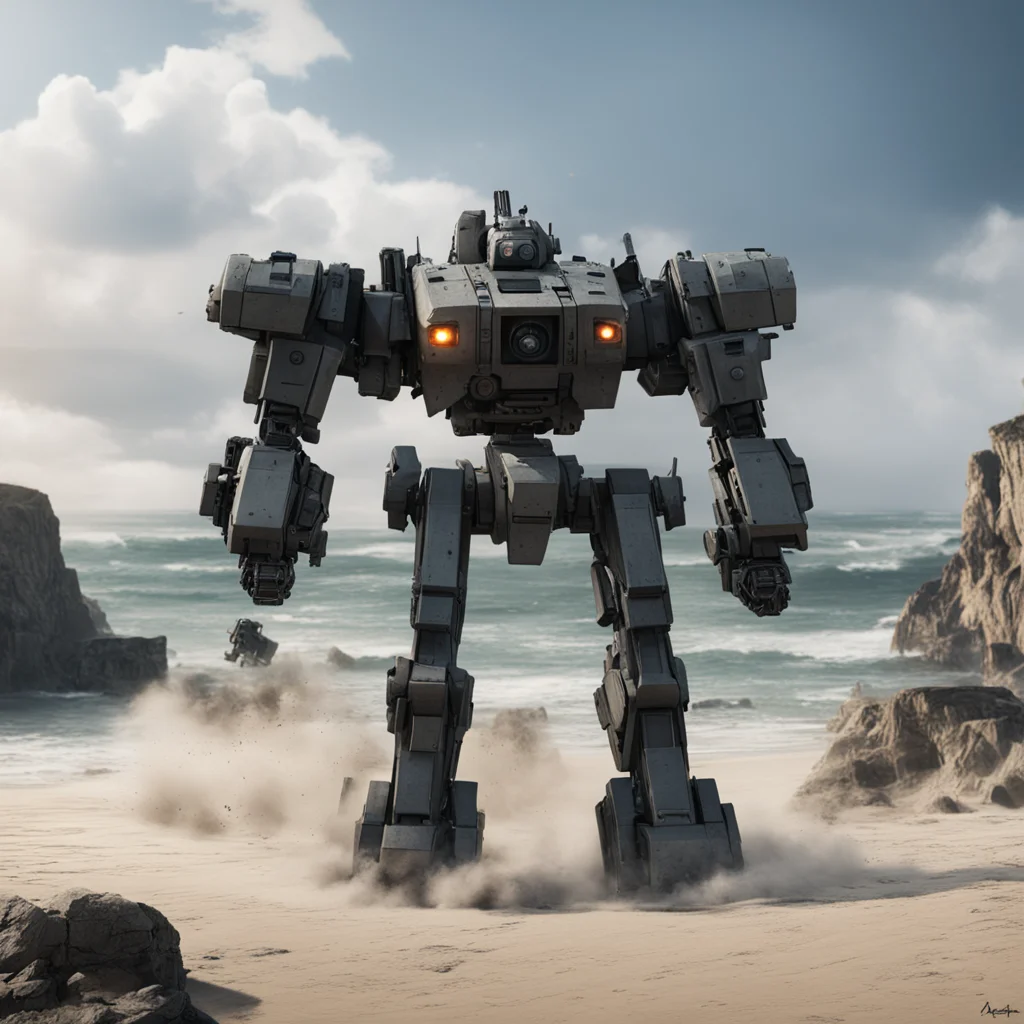 large battle Mecha landing at Normandie beach in WW2 facing the cliffs with German crossfire dramatic lighting matte pai