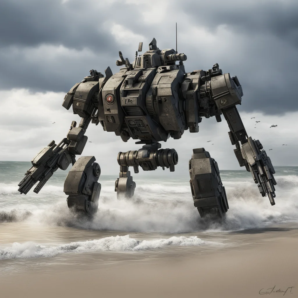 large battle Mecha landing on the Beach of Normandy during WW2 dramatic lighting matte painting highly detailed cgsociet