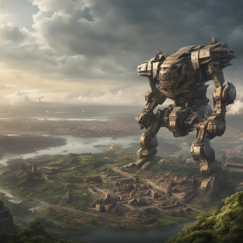 large battle Mecha on a mountain in foreground looking down at the epic ancient city of Tenochtitlan surrounded by a river in the distance Aztec culture high
