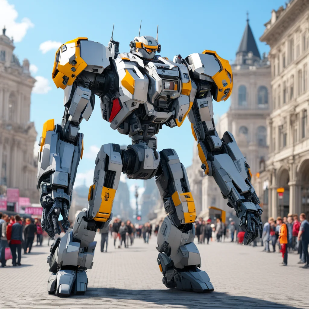 large battle Mecha posing for tourist photos in front of downtown Vienna landmark 20 phone flashes crowd of tourists sun