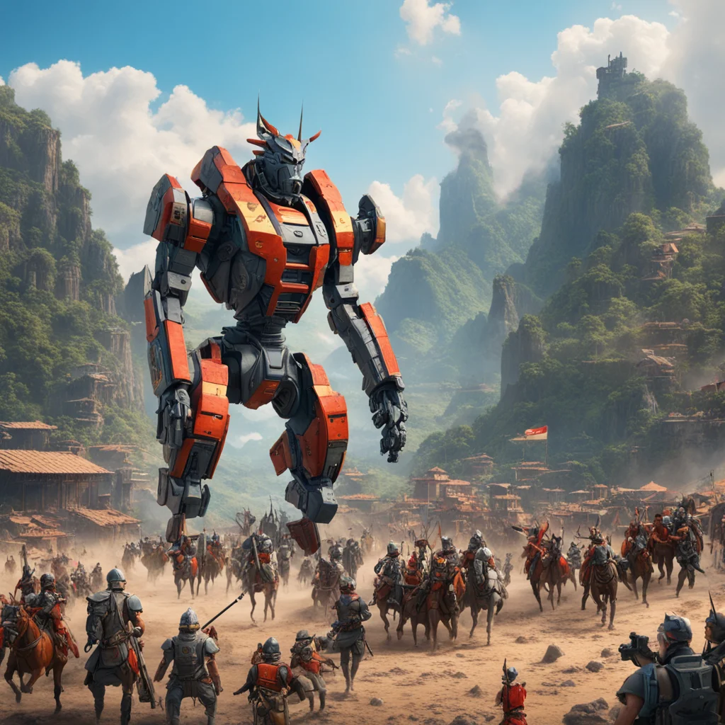 large battle Mecha protecting an Inca city from an invading Spanish army horses and soldiers in foreground tropical land