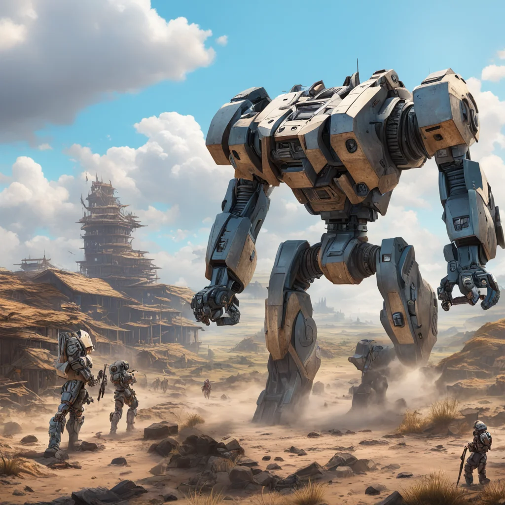 large battle Mecha protecting an indigenous village from colonists large landscape sunny day matte painting highly detai