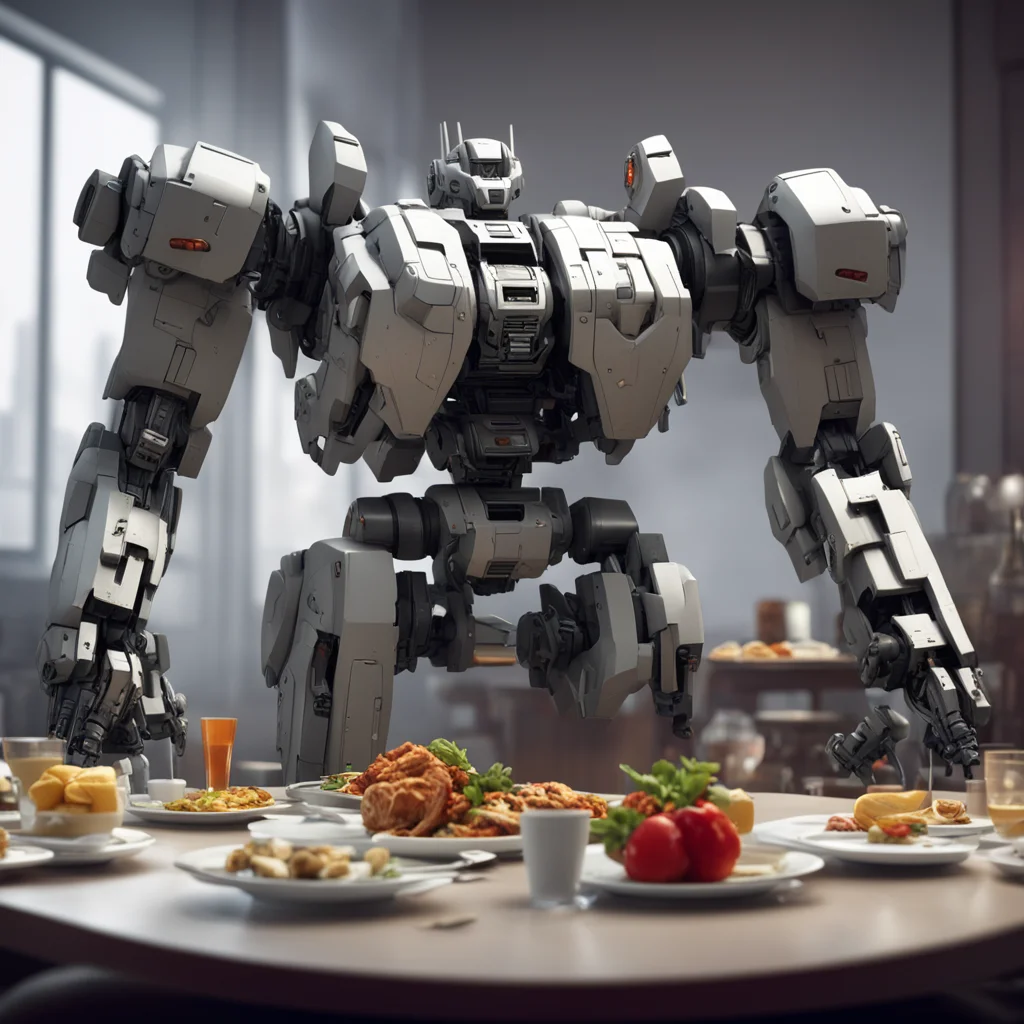 large battle Mecha quietly sitting at the end of the dinner table soft lighting matte painting highly detailed cgsociety