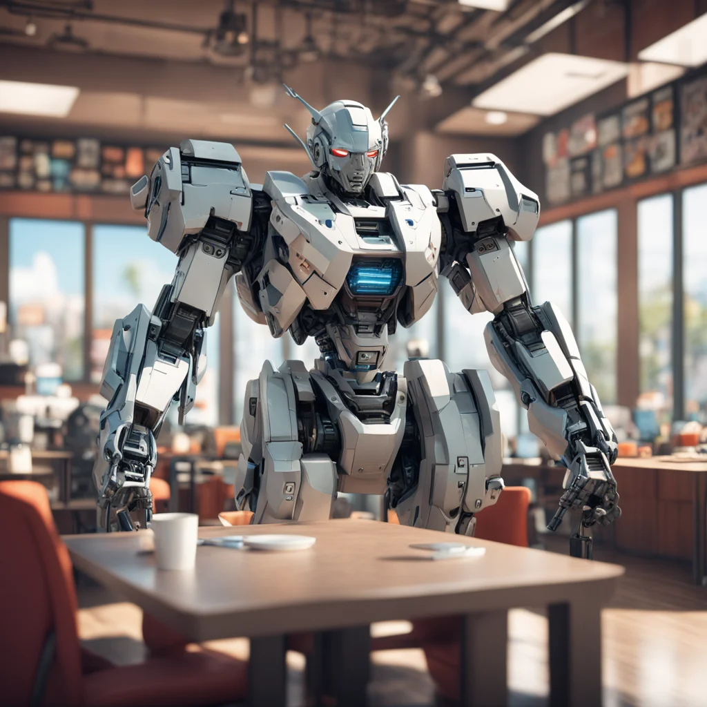 large battle Mecha quietly sitting in a busy coffee shop interior sunny day matte painting highly detailed cgsociety hyp