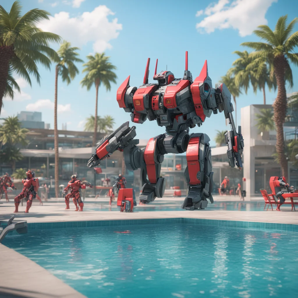 large battle Mecha relaxing in a public swimming pool with other people swimming lifeguard tower in foreground cinematic