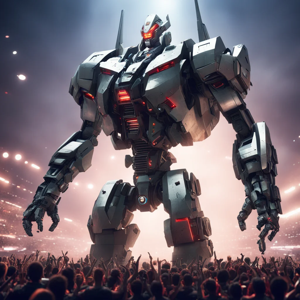 large battle Mecha singing at a concert in front of thousands of fans dramatic lighting matte painting highly detailed c