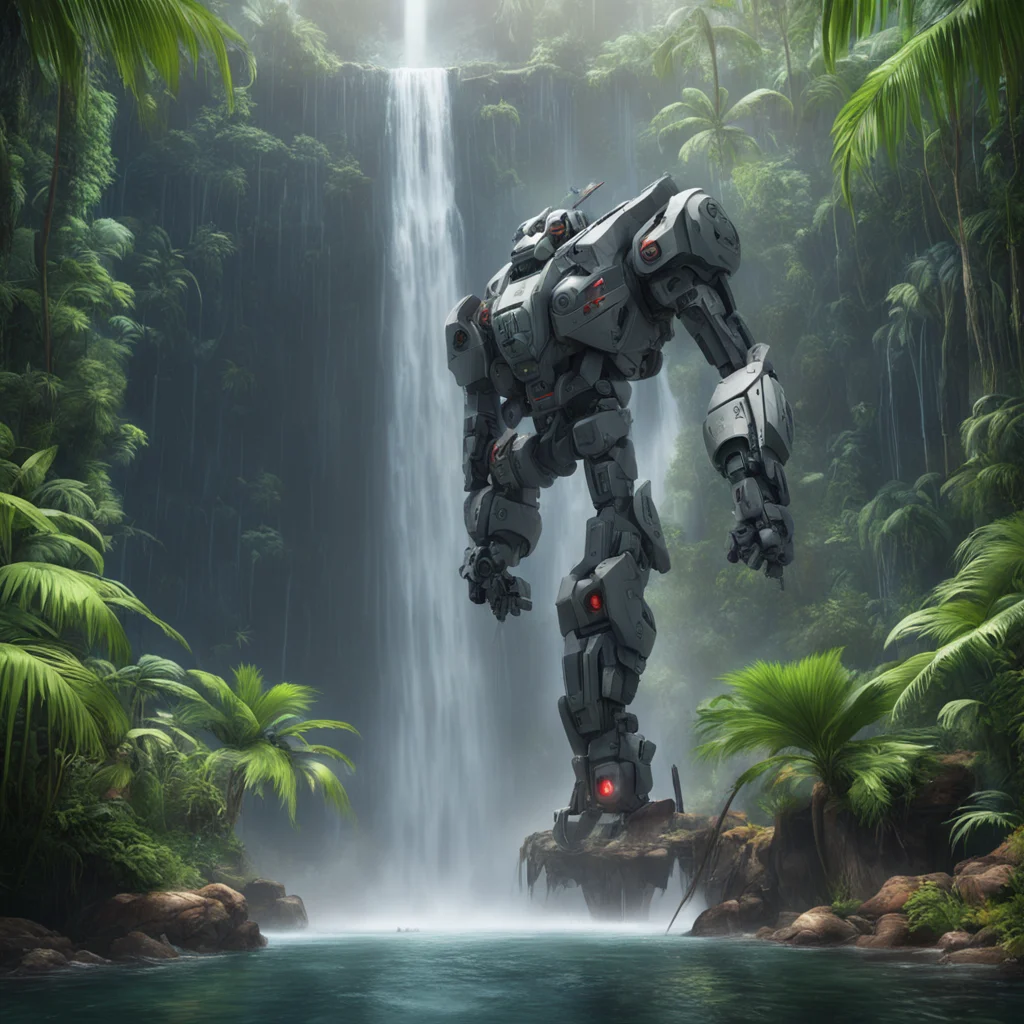 large battle Mecha taking a shower under a multi story tropical forest waterfall dramatic lighting matte painting highly