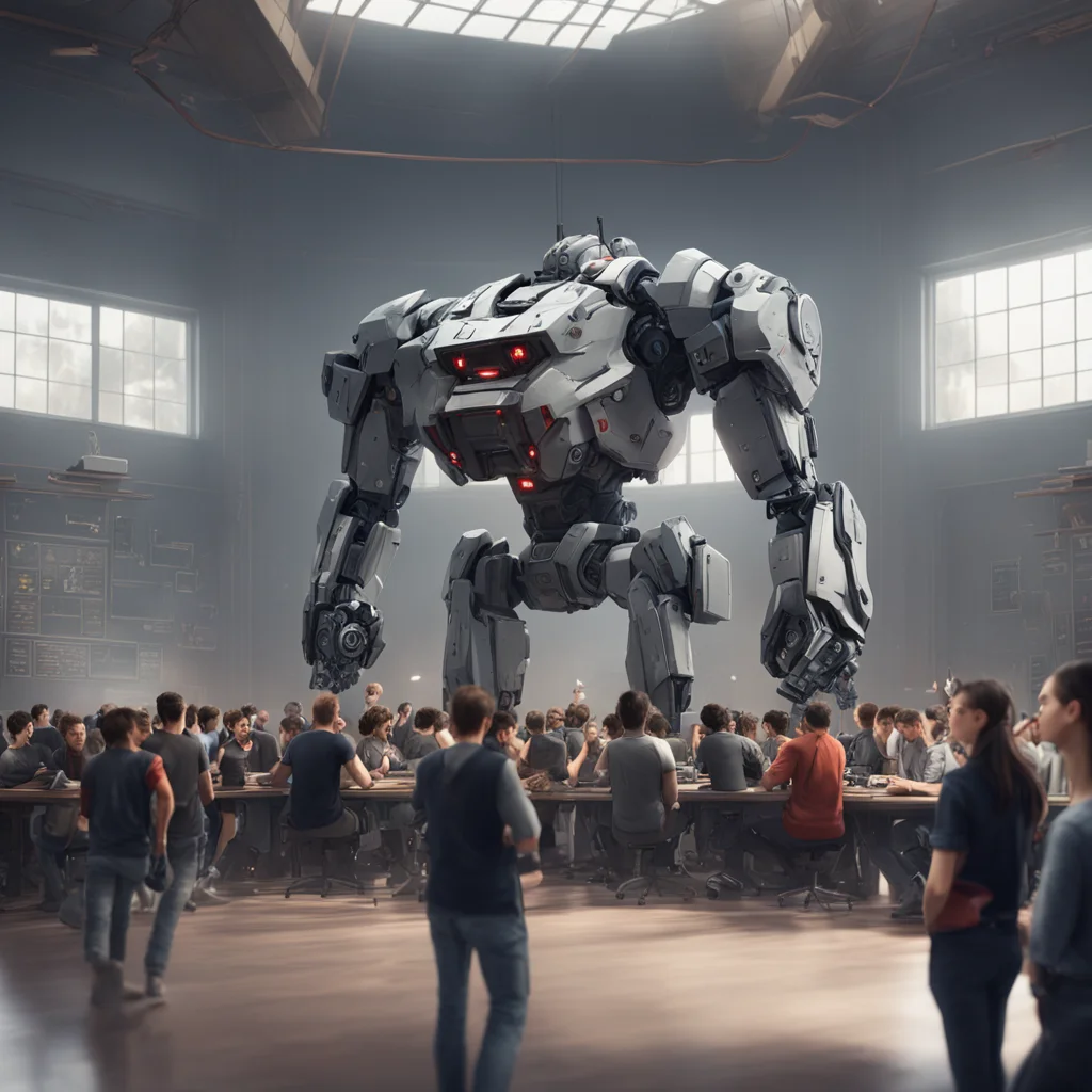 large battle Mecha teaching at the blackboard in a large university listening hall with students soft lighting matte pai
