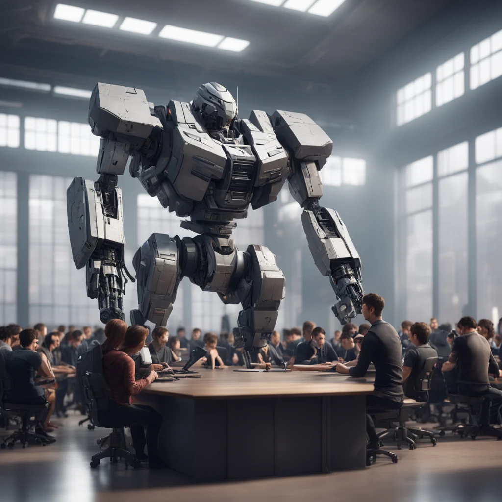 large battle Mecha teaching at the blackboard in a large university listening hall with students soft lighting matte painting highly detailed cgsociety hyp