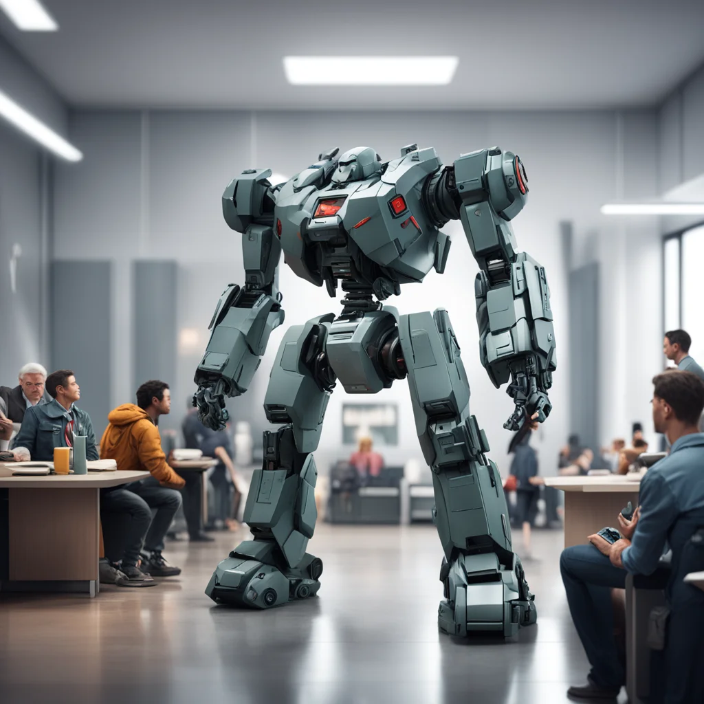 large battle Mecha waiting in the boring social security office interior with a bored crowd dramatic lighting matte pain