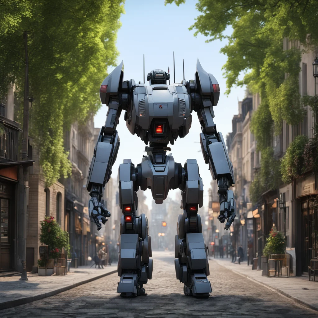 large battle Mecha walking down a quiet neighborhood street in Paris cafes and trees on the sidewalk quiet evening matte