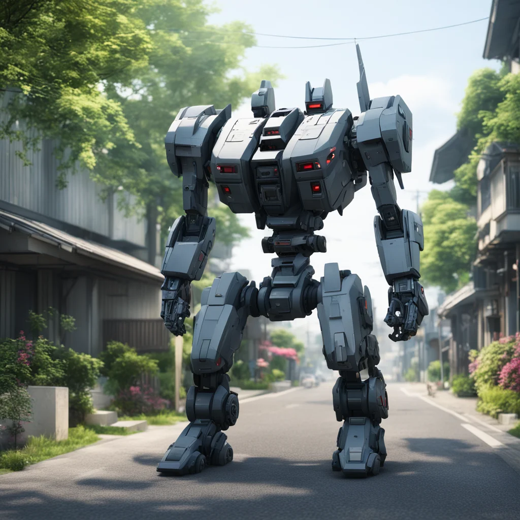 large battle Mecha walking down a quiet neighborhood street in Tokyo family homes with gardens quiet morning matte painting highly detailed cgsociety hype