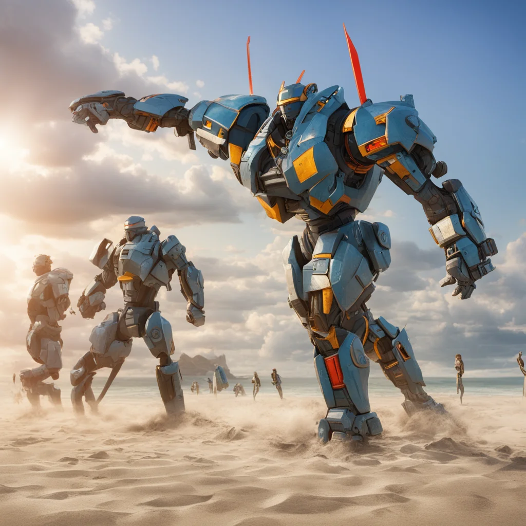 large battle Mechas playing beach volleyball dramatic lighting matte painting highly detailed cgsociety hyperrealistic n