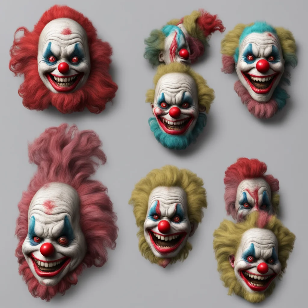 large collection of clown masks grotty scary mutant photo real hyper realism 8k render