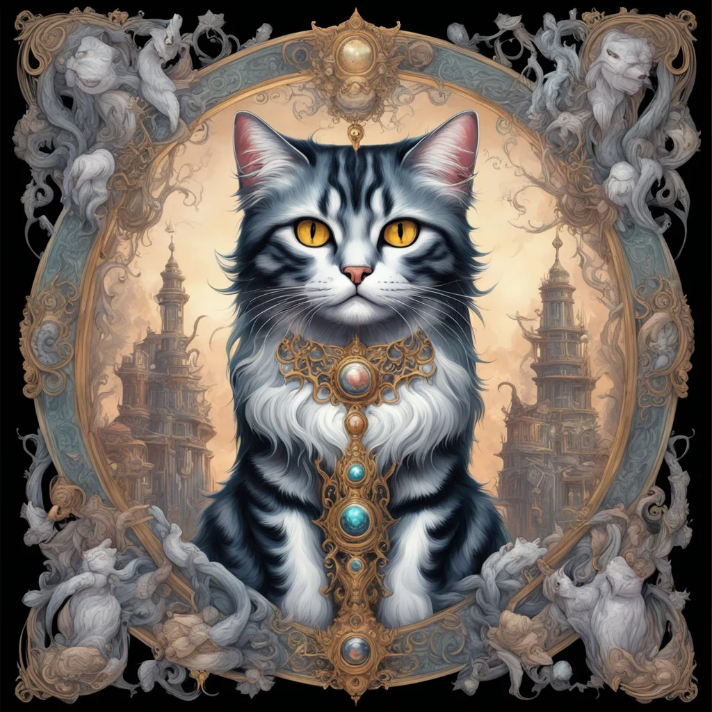 large cute cat looking glamourous with various symbolic elements landscape extra wide sci fi mystic intricate illustrati