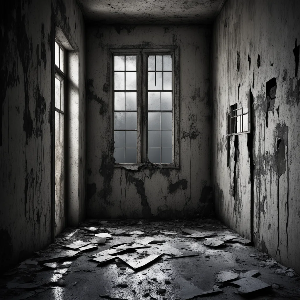 large empty dark abandoned asylum room c4d render decaying plaster torn broken transom window moonlight through window h