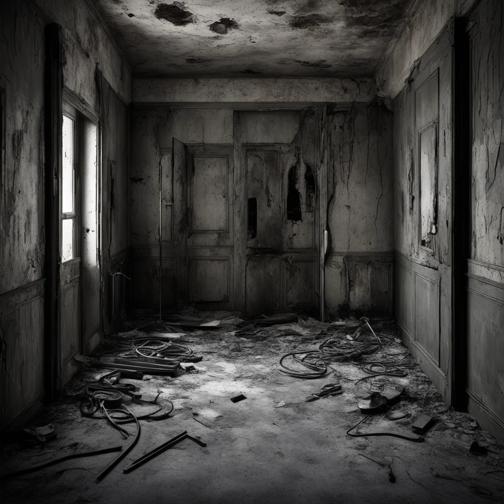 large empty dark abandoned mental asylum room decaying antique medical equipment plaster torn dark doorway haunted photo