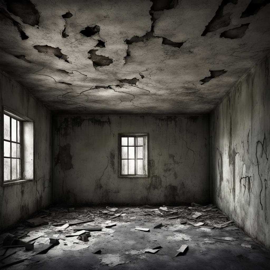 large empty dark abandoned mental asylum room decaying plaster torn broken transom window hauntedphotorealistic high res
