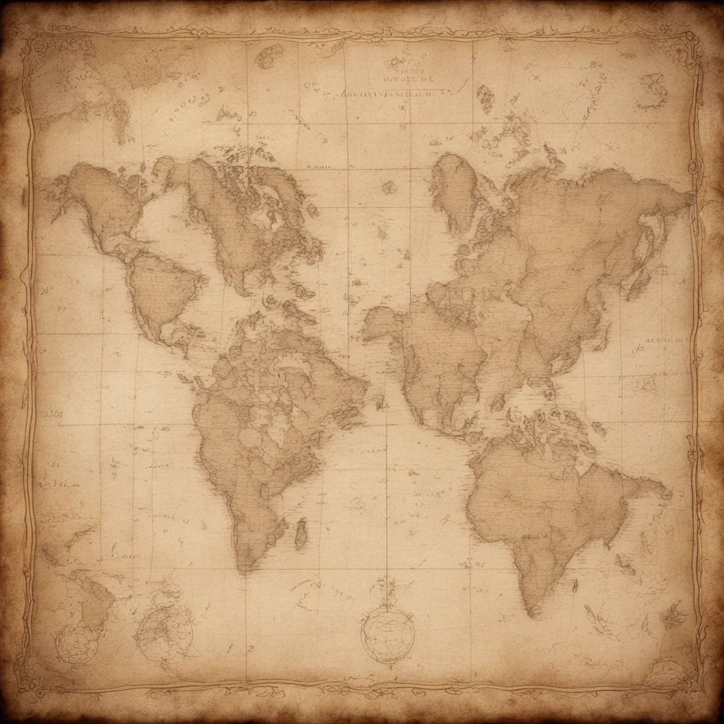 large flat faded antique world map on parchment paper aged singed edges 1 corner curling up small handwritten scribbles 