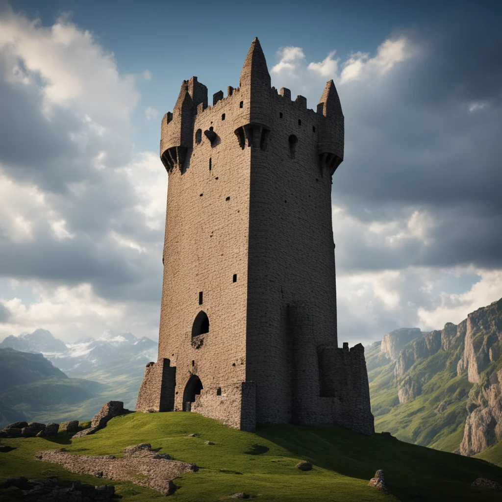 large medieval fortress tower made of iron photobash wallpaper