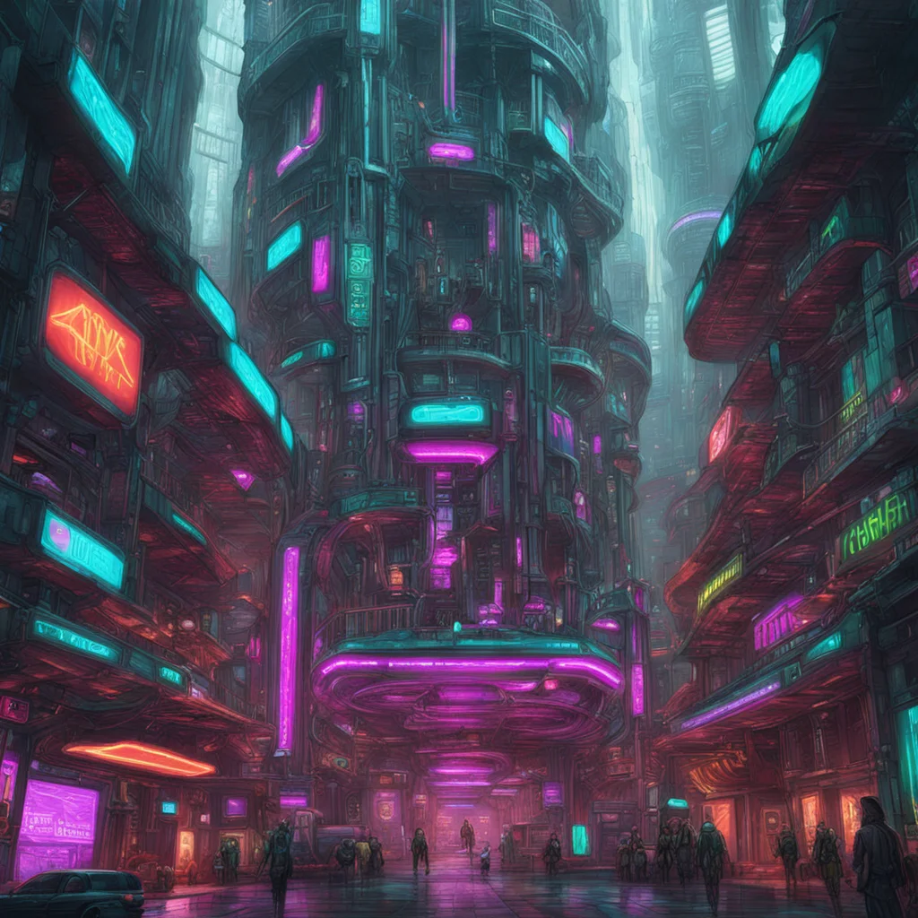 large multi story cyberpunk building built underground with people by David Revoy androids concept art painterly colorfu