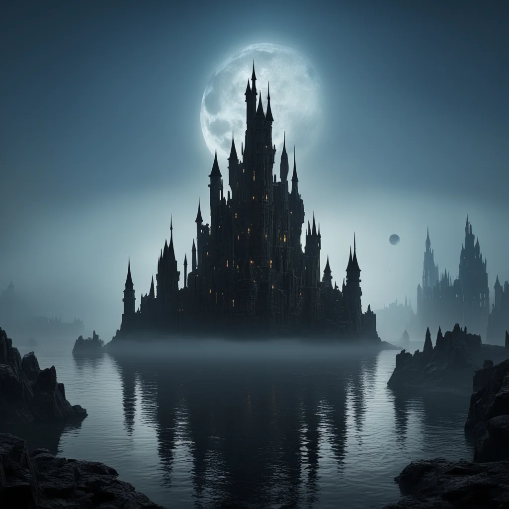 large organic alien medieval city castle gormenghast with many high towers in silhouette with misty lake in foreground n