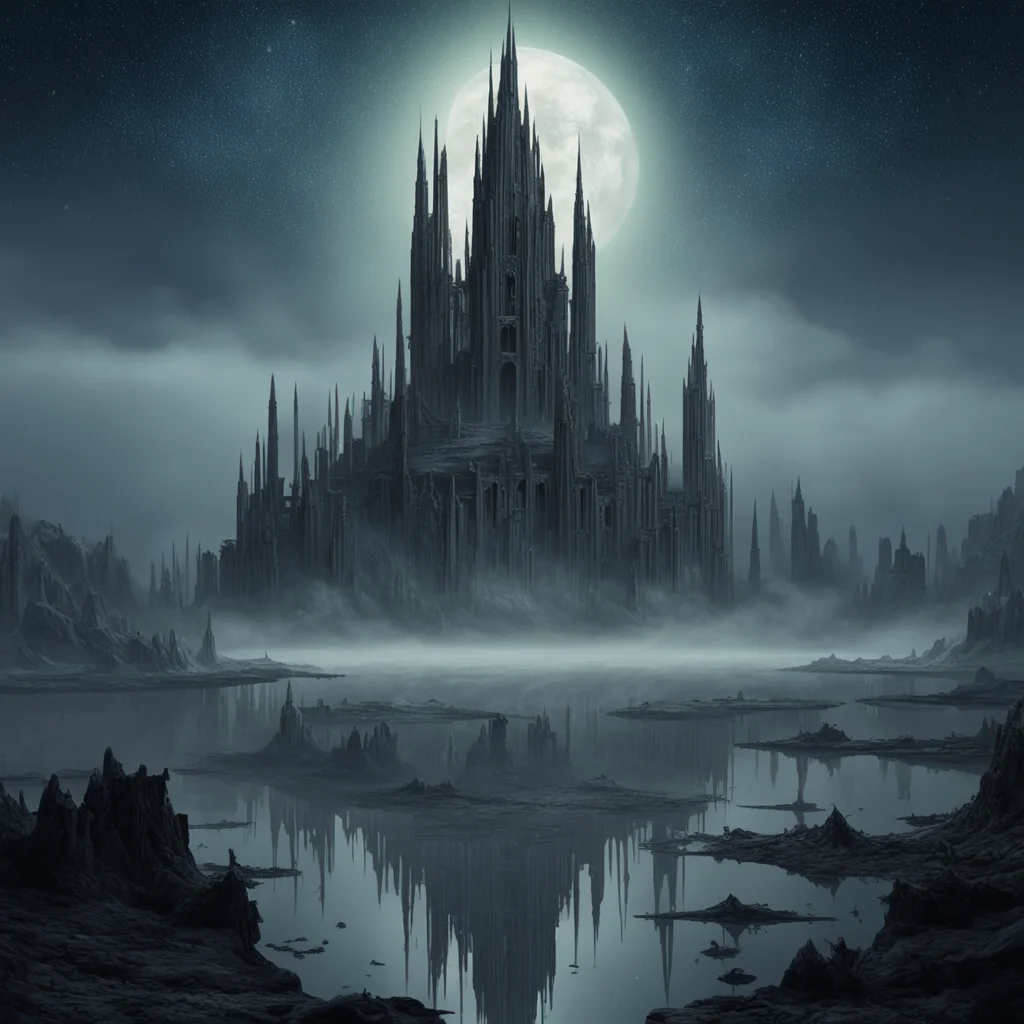 large ruined imaginary city of carcosa on far side of lake high towers misty rolling fog night stars hyper realism photo