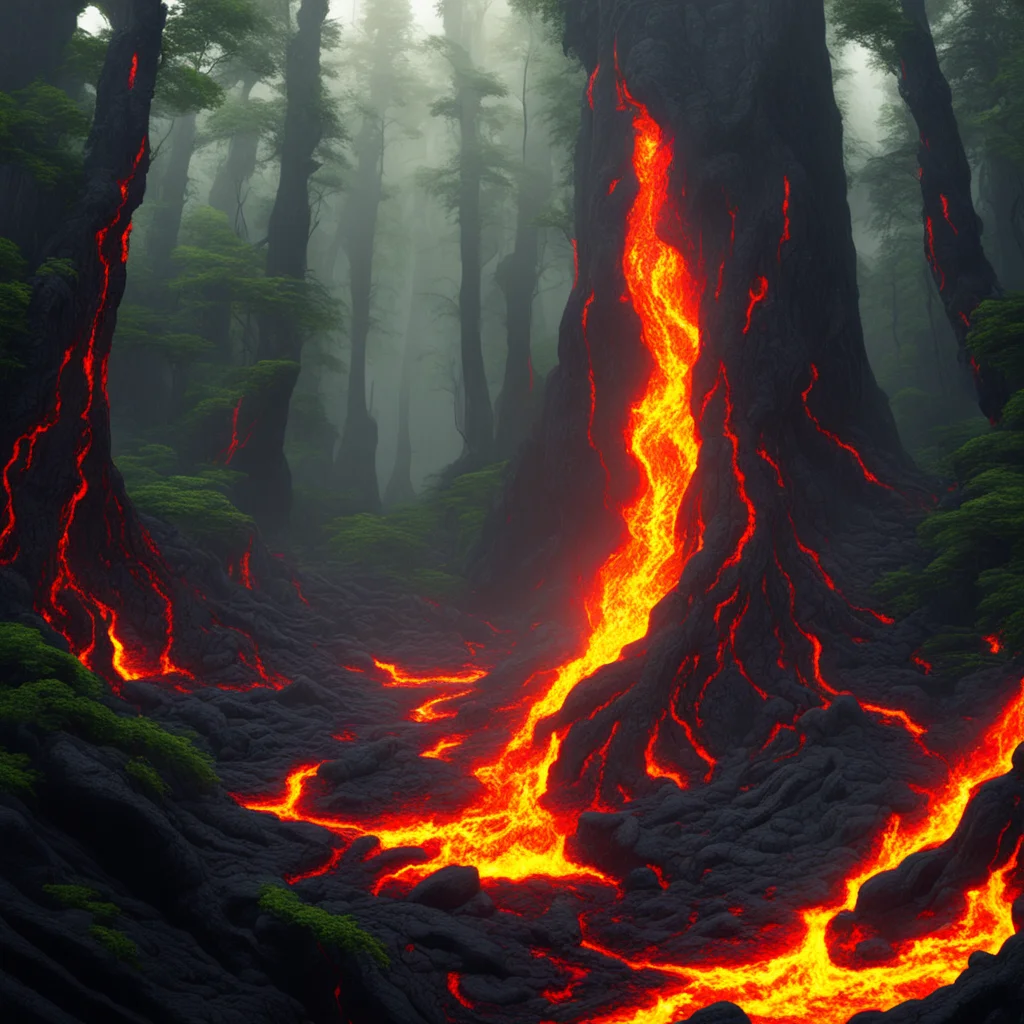 lava flowing through a dense forest Jake Guzman hyper detailed matte painting photorealism wallpaper uplight