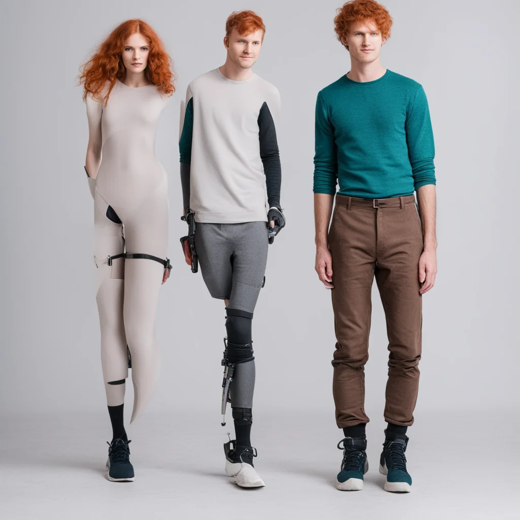 lean man standing with broken leg and cruches with redhead