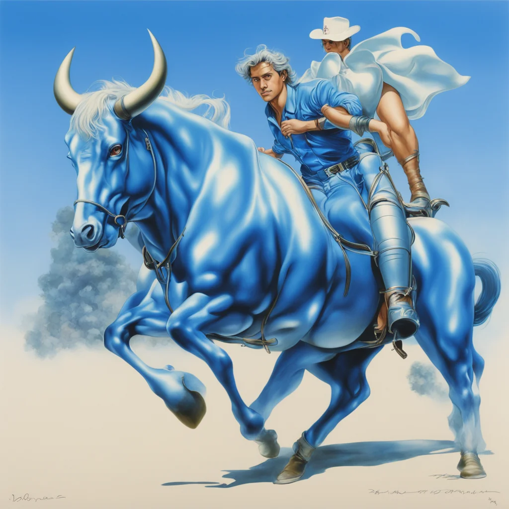 light blue dio brando and bull rodeo by hajime sorayama —h 350