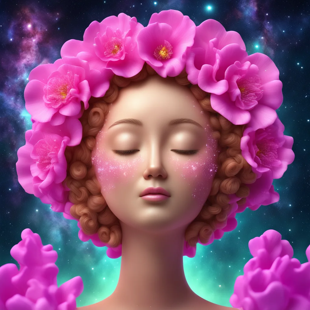 light brown 3D goddess princess face made of candy with closed eyes and huge hollyhocks for hair piled high into the sky