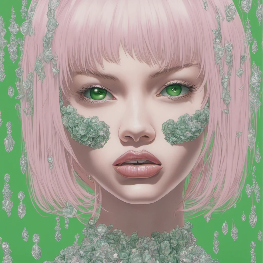 light pink back ground green emo y2k girl with diamond teeth by hajime sorayama —h 350