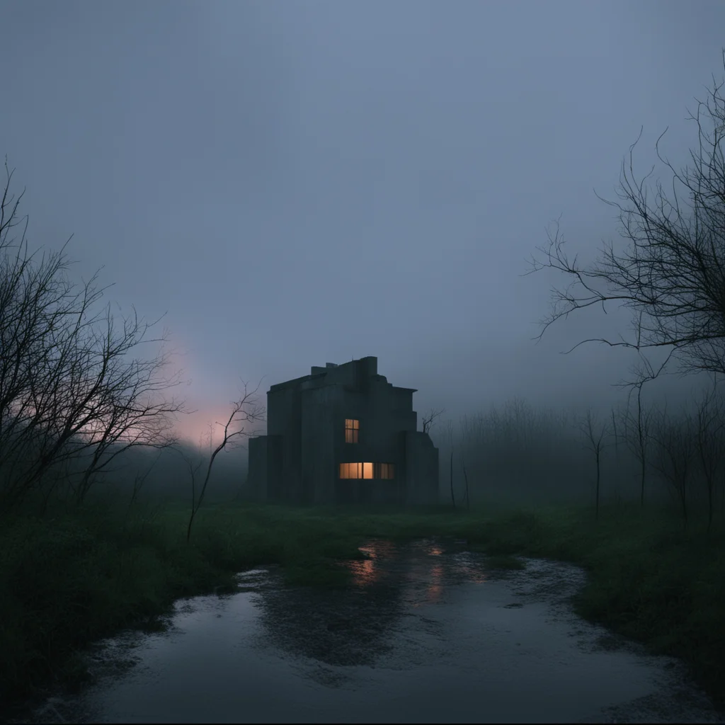 light rain dusk fog cinematic film still3 dark neobrutalist castle with neon lighting375 by Tadao Ando and stan stalenha