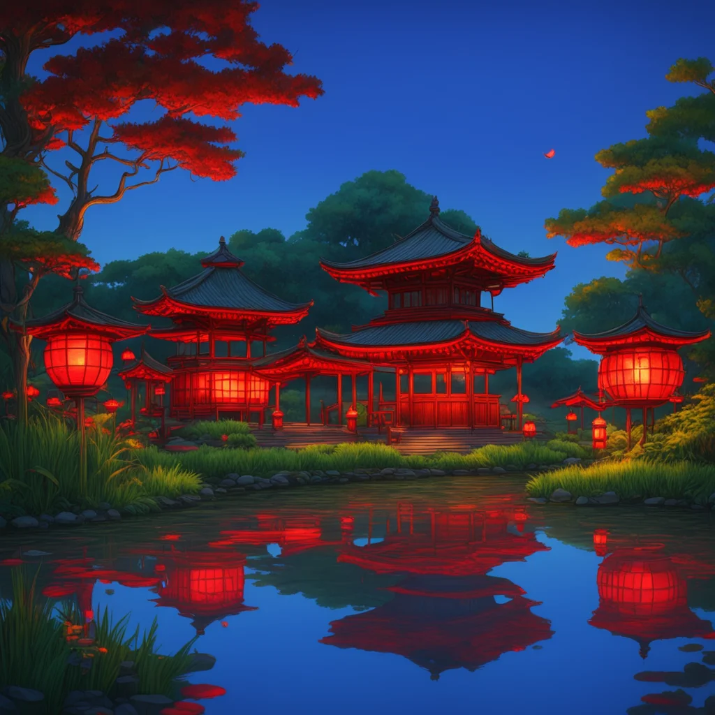 lighted red lanterns float on a serene pond there is an island with a gazebo in the middle of the pond dusk dark stunnin