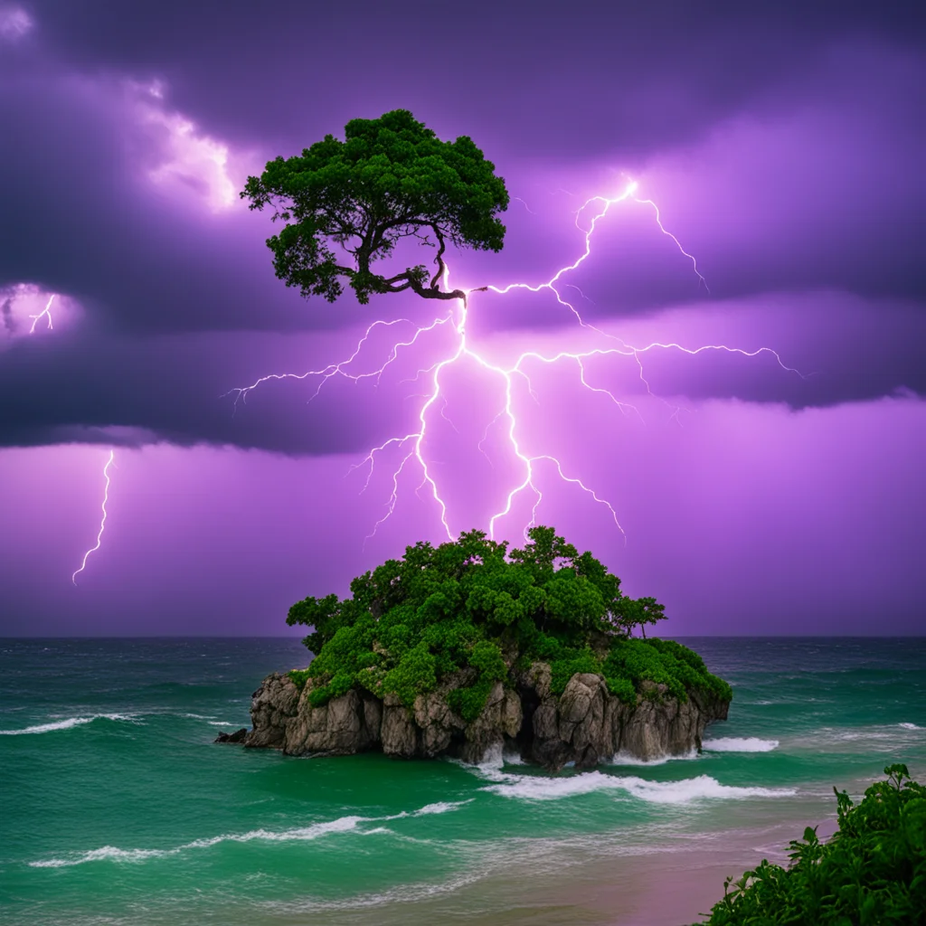 lightning bolt from the sky striking down a tree on a island in the ocean