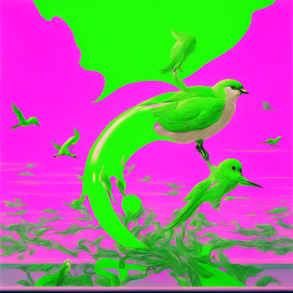 lime green birds pink and white sky by hajime sorayama —h 350