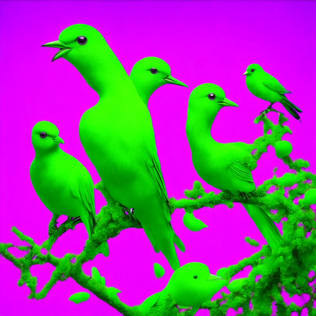 lime green birds purple sky by hajime sorayama —h 350
