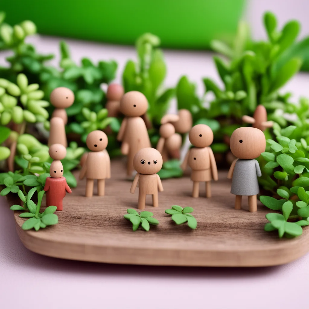 little wooden figurine people in a garden in the style of pictoplasma and ghibli