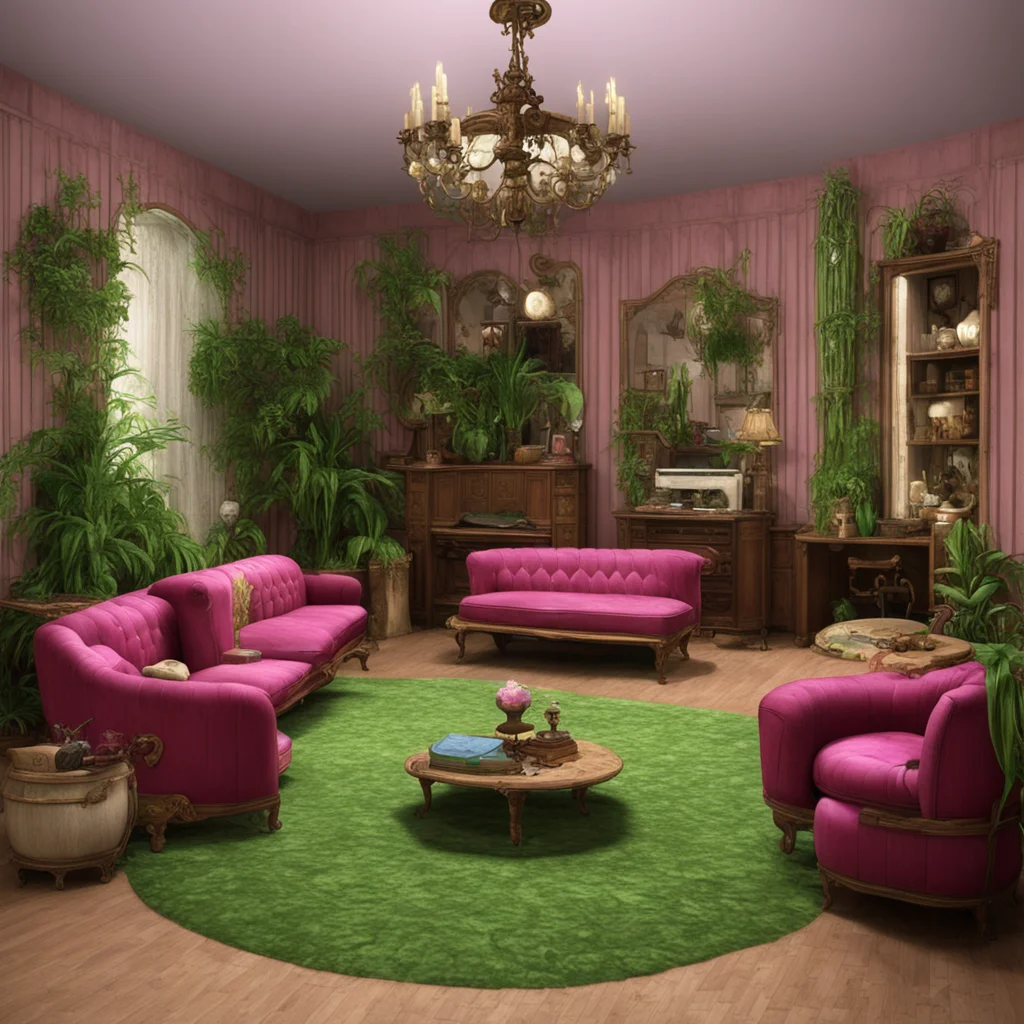 living room in a geocities website of a garden in the nightmare realm with Cody furniture and music instruments