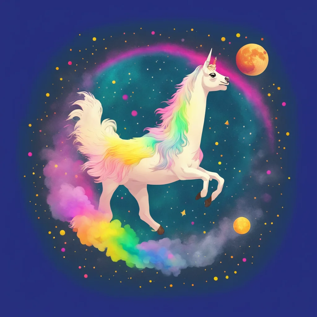llama unicorn jumping over the moon rainbow emitting particles from tail Studio Ghibli