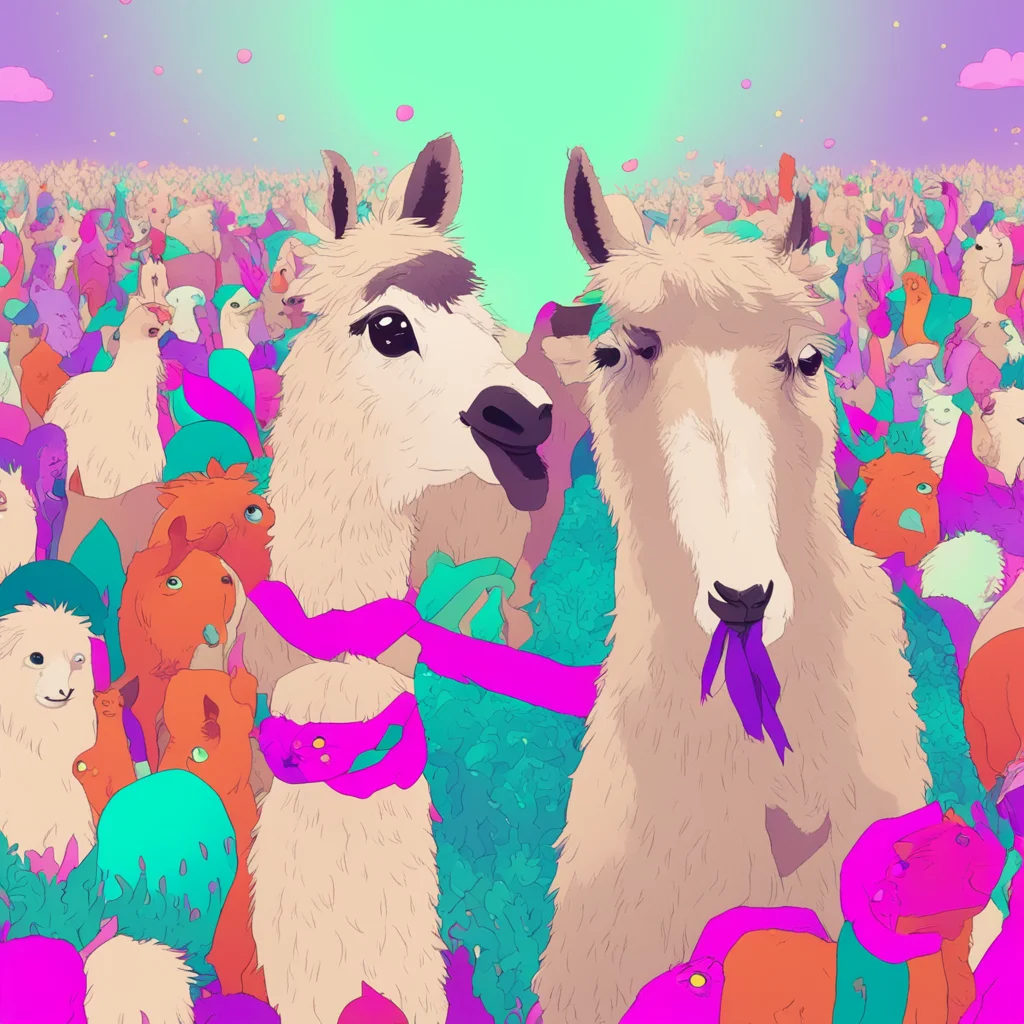 llama with a scarf in a sea of animals at a indie rock show  anime style  three quarter perspective  illustration ar 816