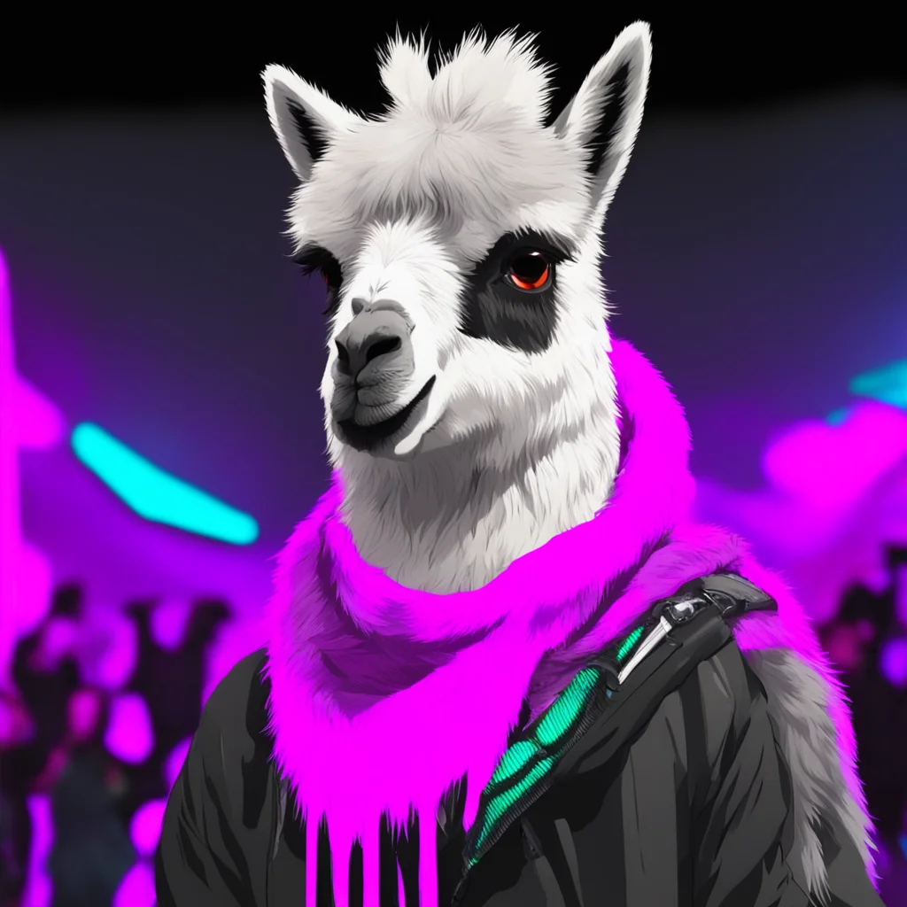llama with a scarf on at a metal show  anime style  neon ar 916