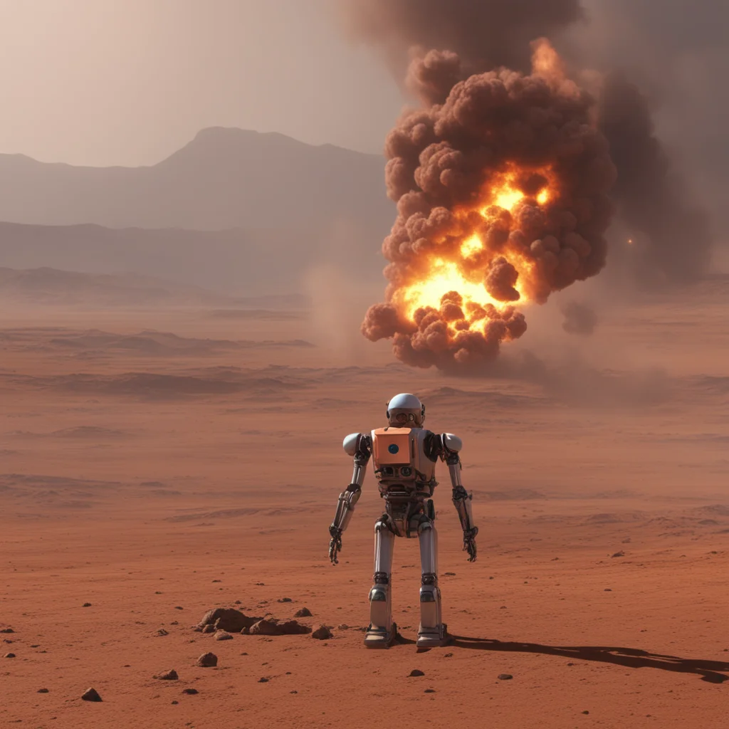 lone robot watches an explosion on mars photo real 8k render ar 169