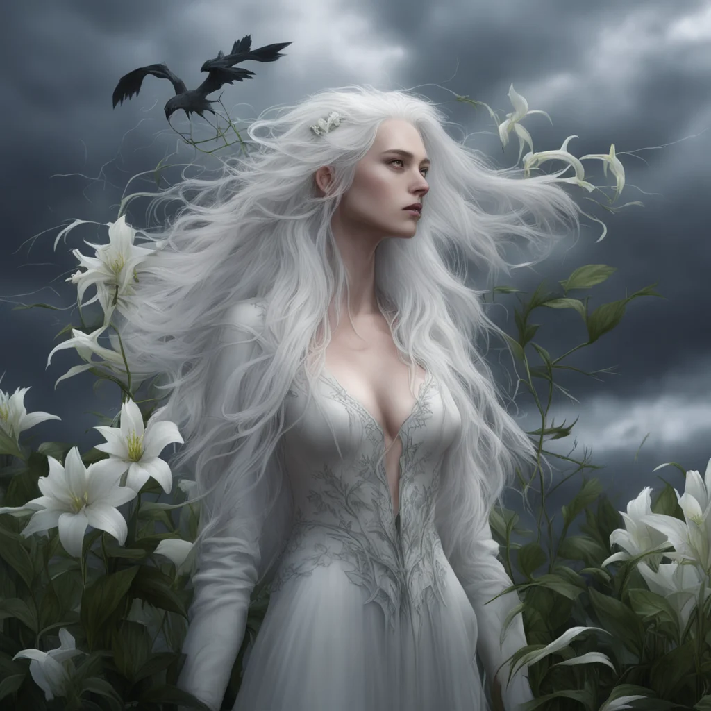long White haired woman with pale skin beautiful witch white lilies thorns and vines storm clouds light rain that shimme