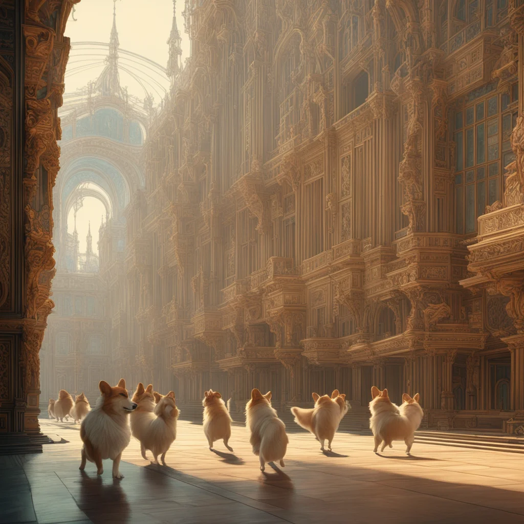 long shot corgis dancing distant synthetic translucent architecture by Roger Deakins and Moebius and Alphonse Mucha intr