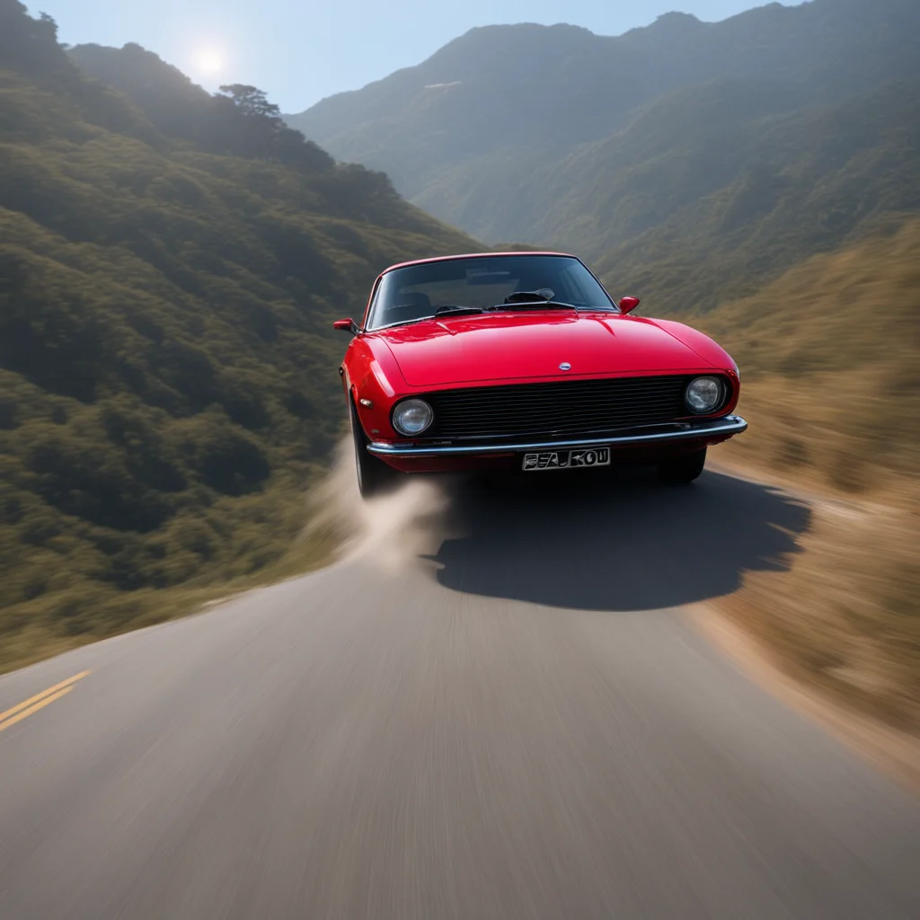 long shot red datsun 240z driving big sur with a falcon flying next to it hyper realistic epic composition octane 8k lan