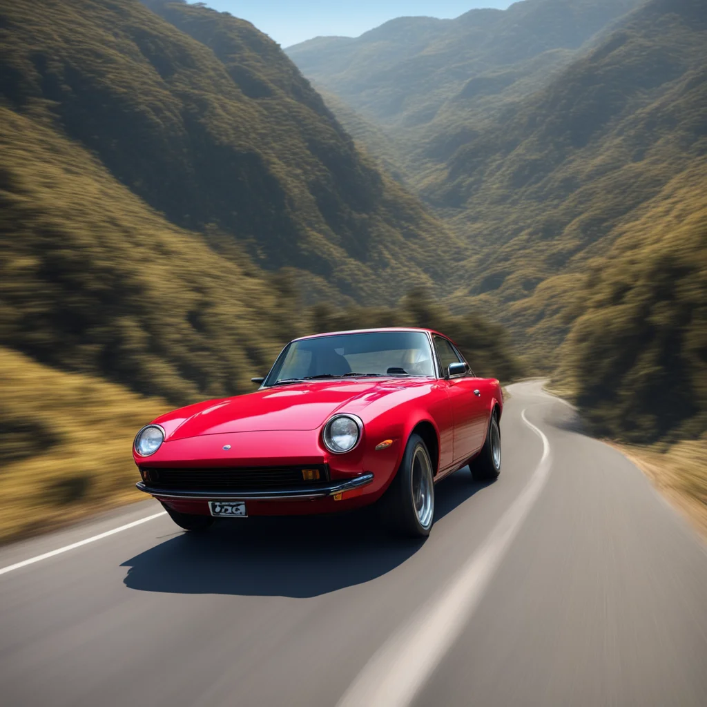long shot red datsun 240z driving big sur with a falcon flying next to it hyper realistic epic composition octane 8k landscape wide angle