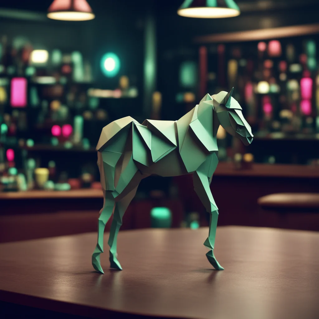 long shot tiny full folded paper unicorn figure origami unicorn horse on a table cyberpunk futuristic crowded scifi bar 